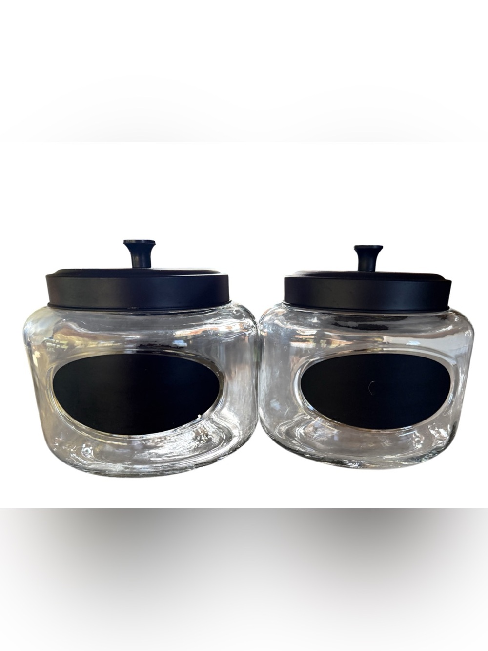 Set of 2 Glass Kitchen Canisters Black Lids Chalkboard Labels Farmhouse Storage
